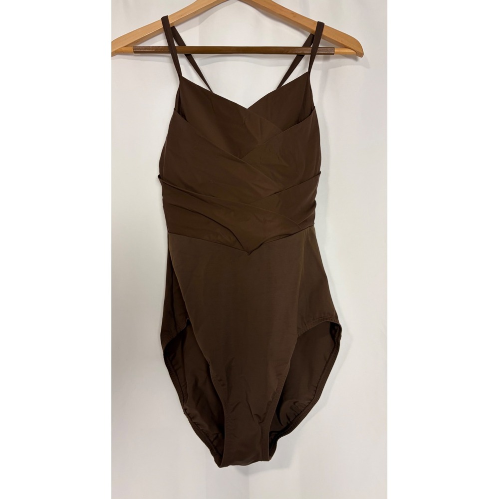 Lands End Slender Suit V-neck Pleated One Piece Swimsuit Coffee Brown 14 D-Cup